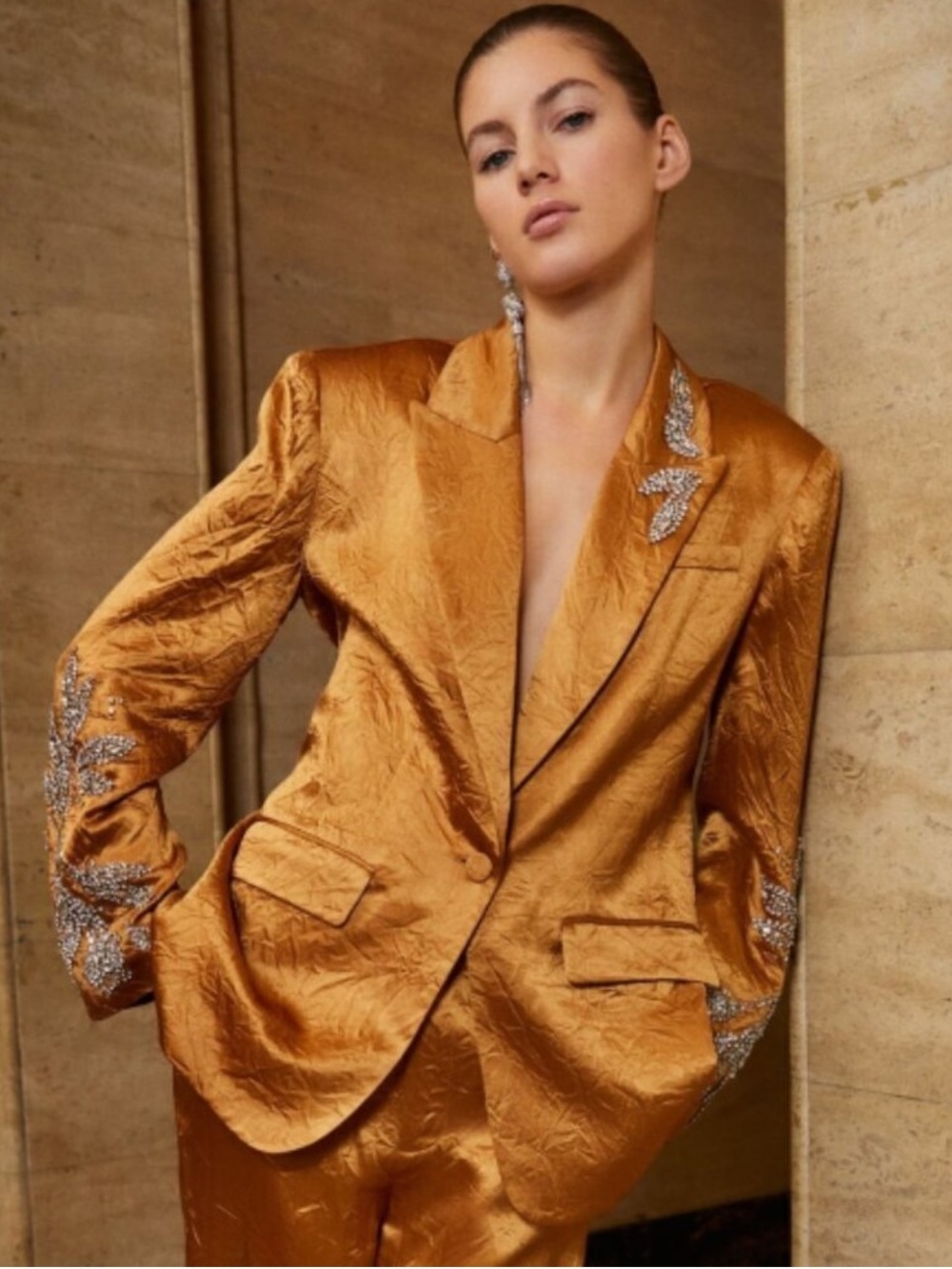 cinq a sept Metallic Gold Satin Blazer Set with Crystal Embellishments